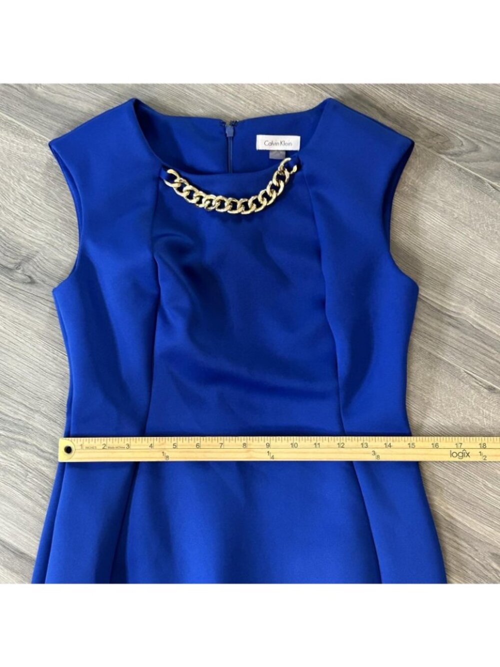 Calvin Klein Dress Womens 6 Blue Sheath Chain Neck Lace Hem Party Cocktail - Picture 8 of 11